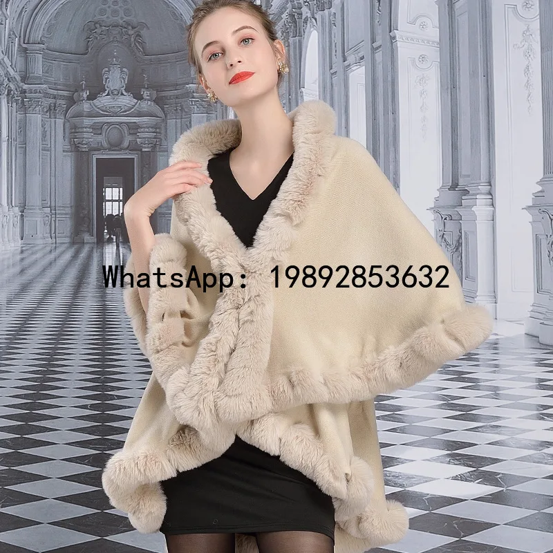 

ZF Sweet Double-Layer Soft Elegant Shawl for Autumn and Winter, Solid Color Mid-Length Cape with Large Fur Collar for Women