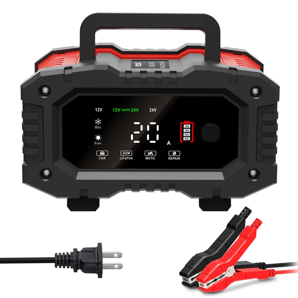 Car Battery Charger larger LCD Display 12V20A/24V10A   for Automotive Truck Motorcycle Gel AGM, Wet, LiFePO4,lead Acid, etc.