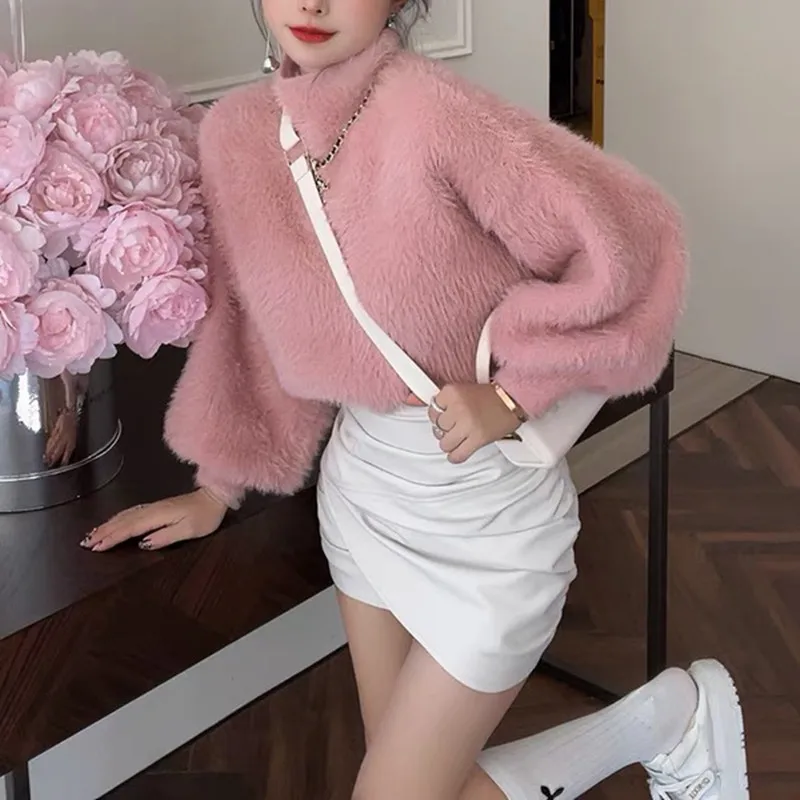 Premium-Strickpullover mit hohem Kragen und modischem Ganzjahres-Nerzfell für Damen, langer Sve-warmer, verdickter Wintermantel