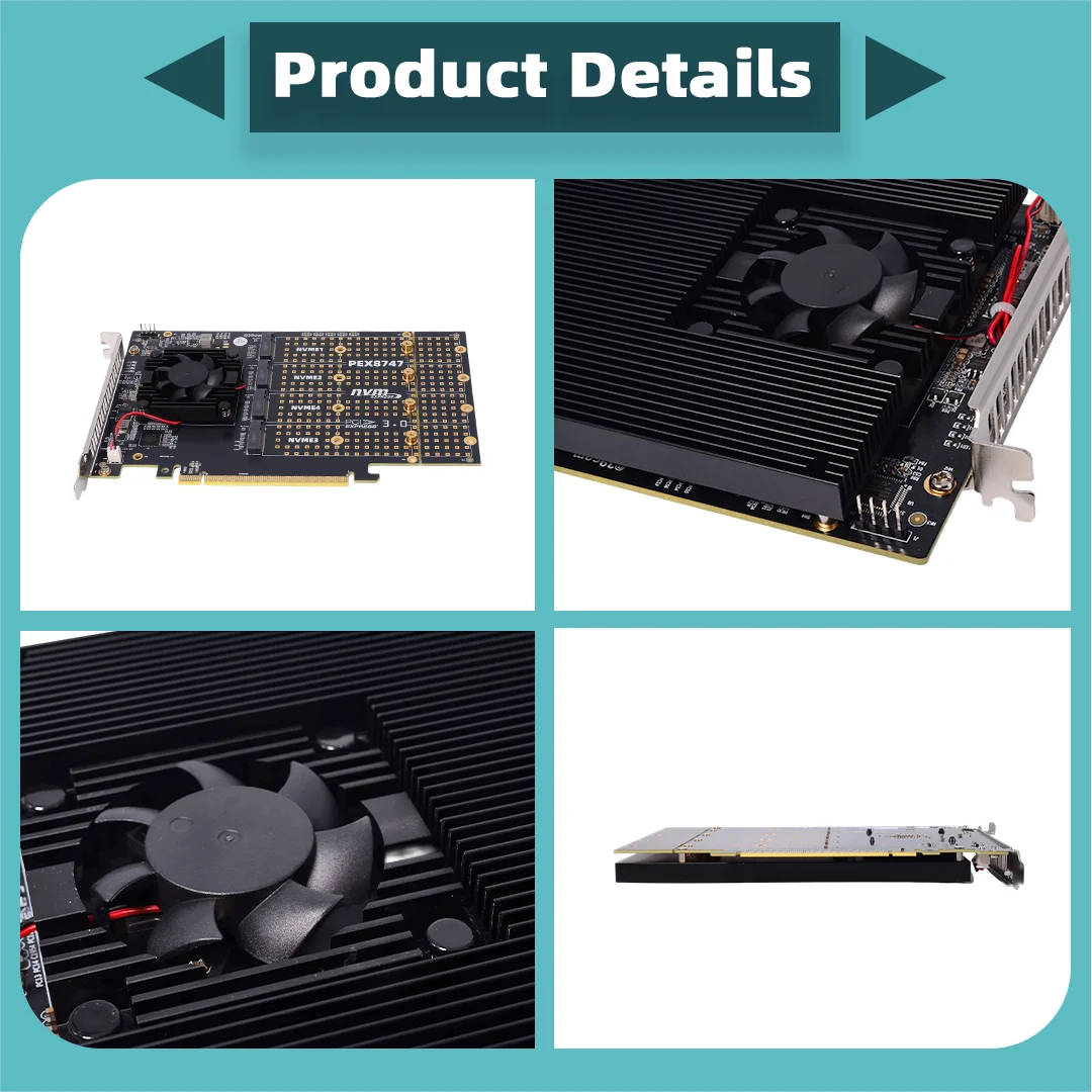 Speedier PCIe 3.0 To NVME 4-Bay Expansion Card, M.2 PLX8747 Silent Full /Half Height  Heatsink Cooler No Disassembly Supports FN