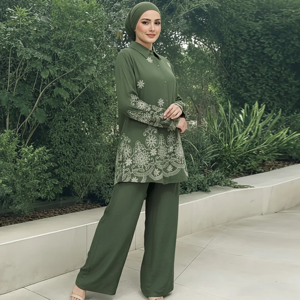 Dwuczęściowy strój islamski dla kobiet, muzułmańskie komplety, tureckie haftowane bluzki i spodnie, dresy, zestawy dla kobiet muzułmańskich.