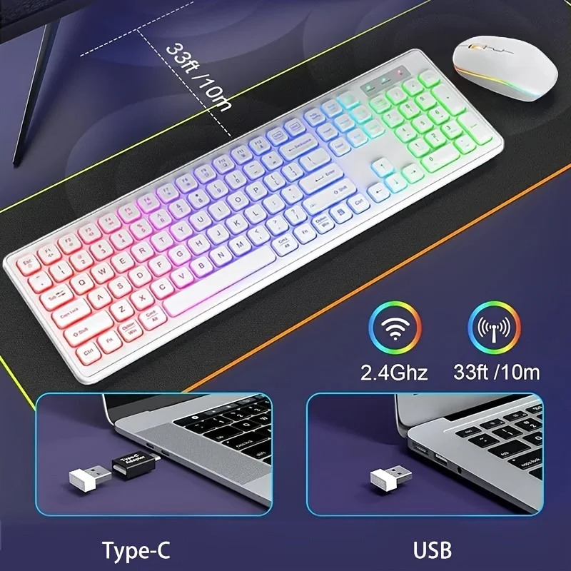 Jomaa 2.4G USB Bezprzewodowa Klawiatura i Mysz Combo Podświetlany Akumulatorowy Zestaw Bezprzewodowej Klawiatury USB Bezprzewodowy Combo do Komputera M.c