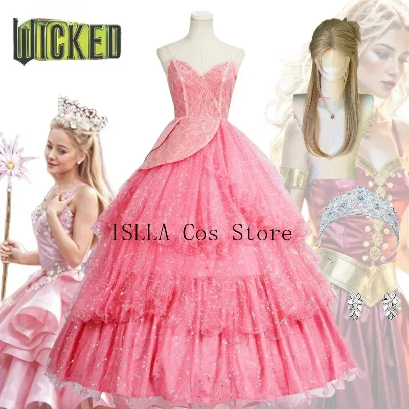 

Glinda Wicked аниме косплей костюм розовое платье Лолита вечерний милый костюм парик Halo Earing комплект для Хэллоуина карнавальные костюмы для девочек
