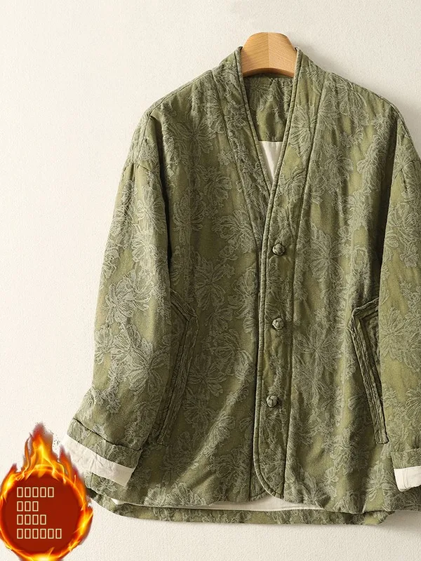 الرجعية الصينية زر القطن Jaet شتاء جديد Sle عادية الدافئة الأزهار التطريز ملابس خارجية Thiened طويلة Sve V-Ne معطف