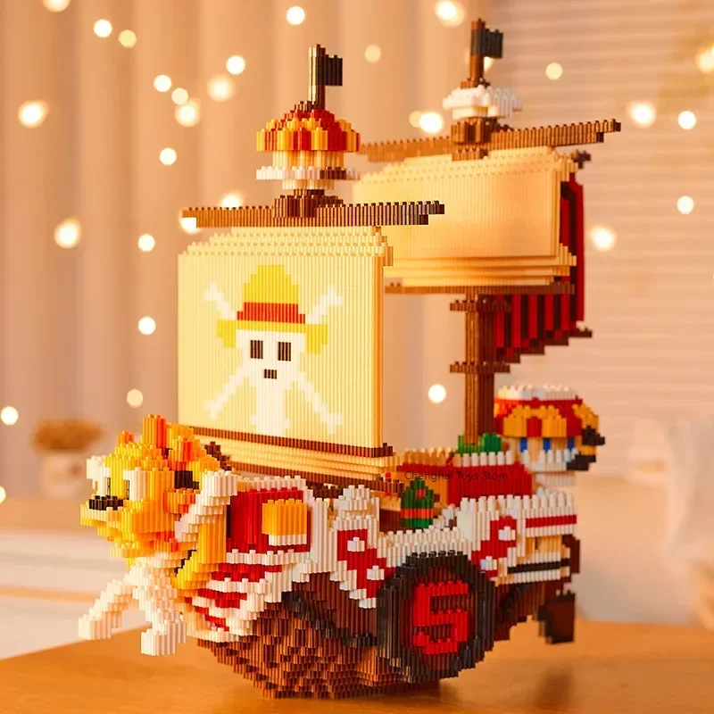 3000pcs+ One Piece Thousand Sunny Mini Brick Pirates Ship Figures 3D Model Anime Micro Building Block Toy For Kids Birthday Gift