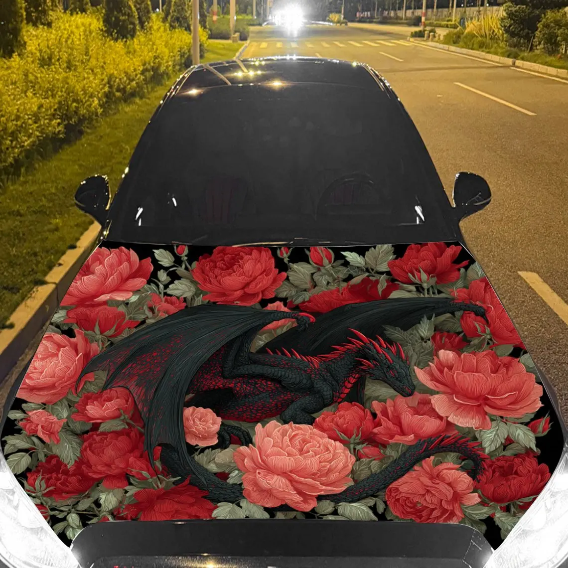 

Black Dragon Among Red Roses Car Vinyl Wrap, PVC Material Waterproof Car Hood Sticker, Self-Adhesive Scratch-Resistant Stickers