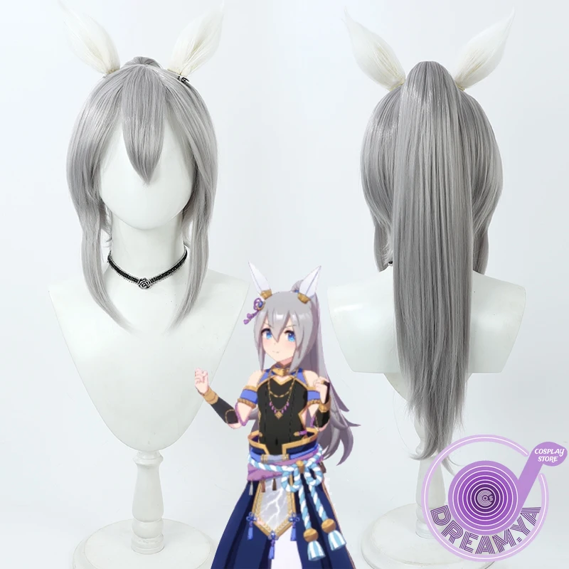 

Tamamo Cross Cosplay Wig Umamusume Pretty Derby Gray Ponytail 60cm Heat Resistant Synthetic Hair Halloween Party + Free Wig Cap