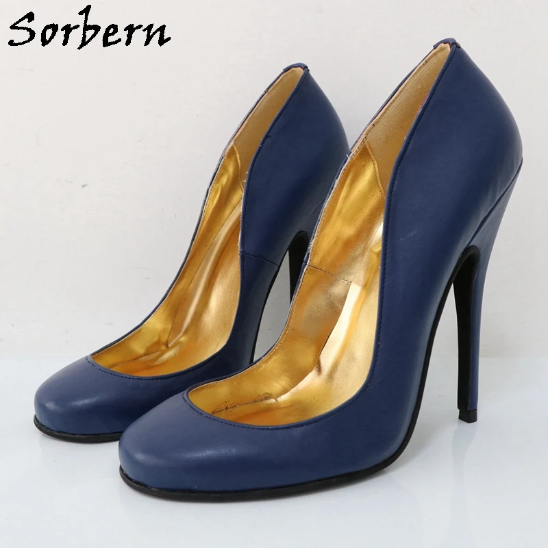 

Sorbern Navy Blue Vintage Slip On Shoes Women Pump Stilettos Round Toe Ladies High Heels 14Cm Customized Heel Height