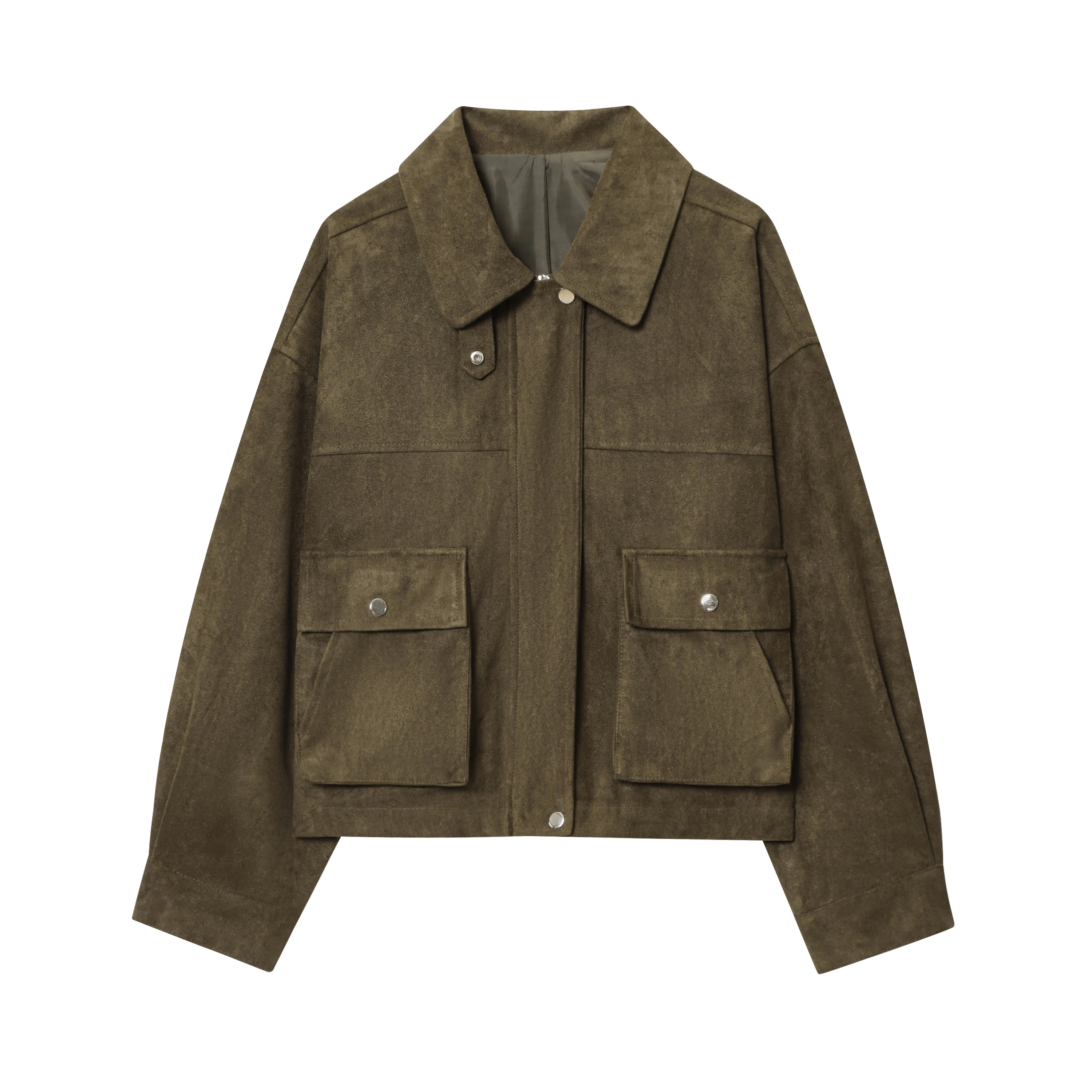 

Новое поступление осени 2025 года, женское модное замшевое текстурированное пальто с длинными рукавами на молнии и карманами, уличная повседневная куртка на пуговицах