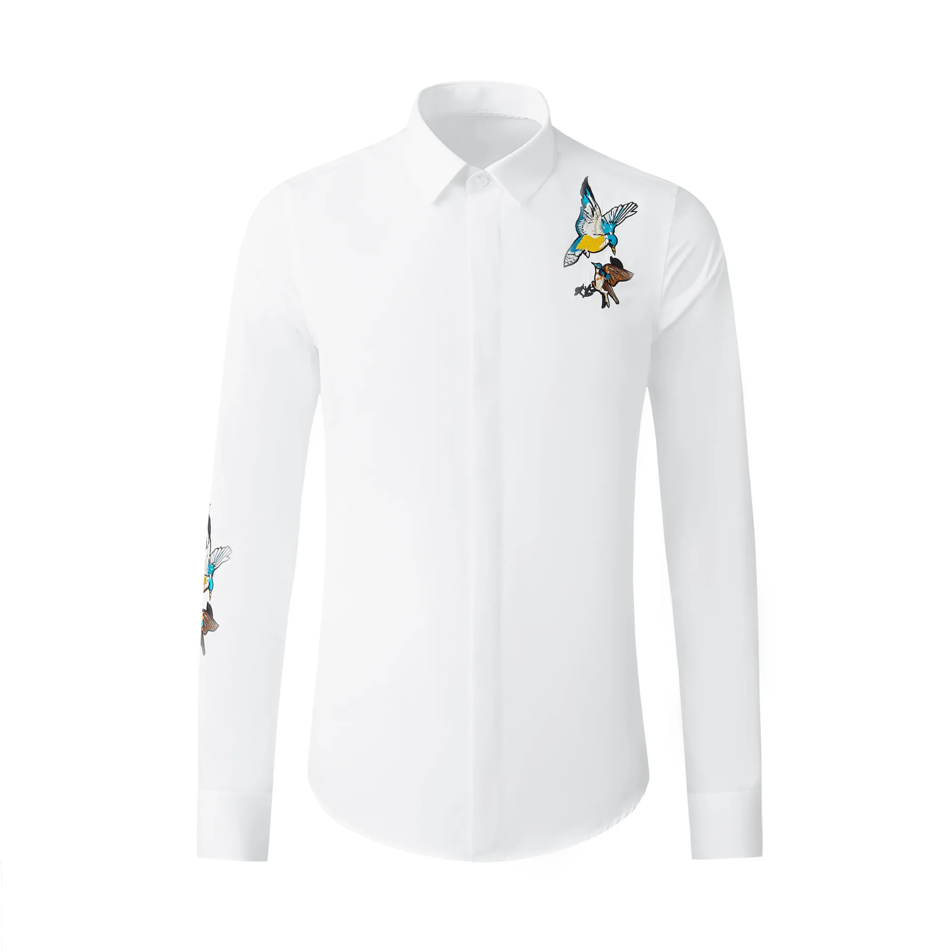 M-4xl Plus Size Bird Embroidered Long-sleeved Men's Shirt Fashion Brand Office Party Formal Shirt Top Black White 2025