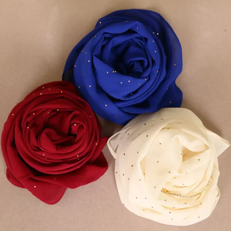 Hijab de chiffon com corrente de pérola de luxo – lenço muçulmano aparado com strass, xale de oração elegante de cor sólida para mulheres