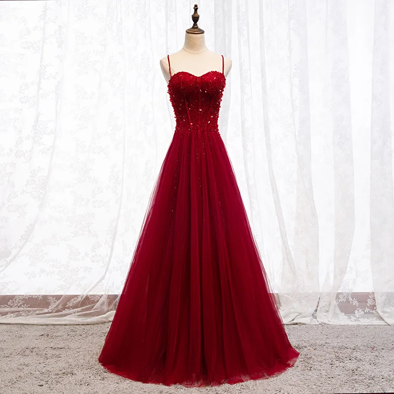 

Wine Red Suspender Evening Dress Beading Sequins Strapless Slim Lace Up Floor Length Formal Gown Elegant Prom Tulle Dress