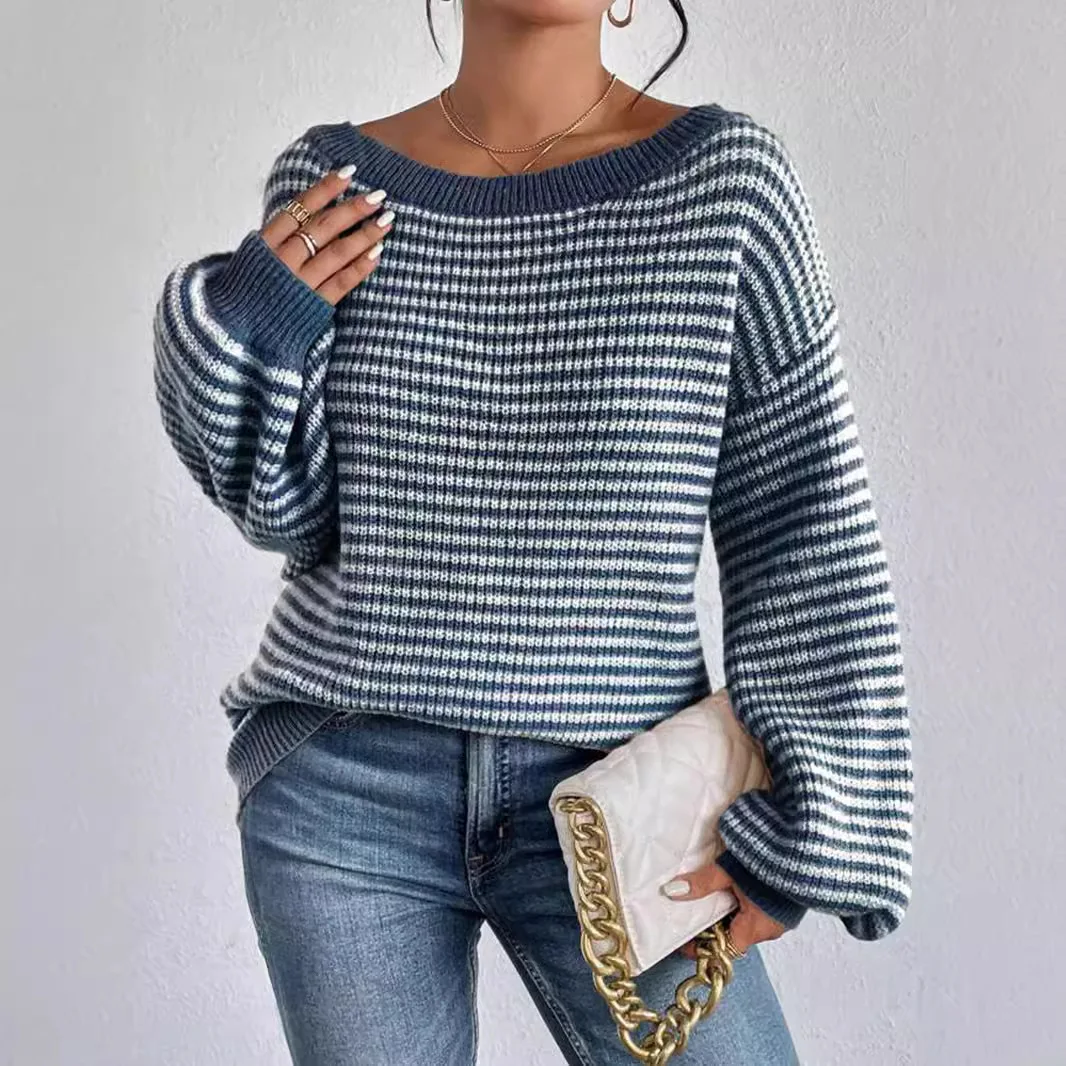 

Pullovers Knitted Striped Women Jumper Lantern Sleeve O Neck Sweater Loose Fit Sweaters 2024 Slight Strech Autumn Basics