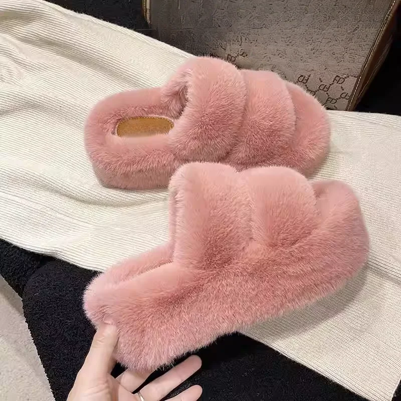 

Winter Thi Bot Plu Slippers Indoor Home Office Wear Women's Faion Cotton Slippers Increased Height Fur Slippers