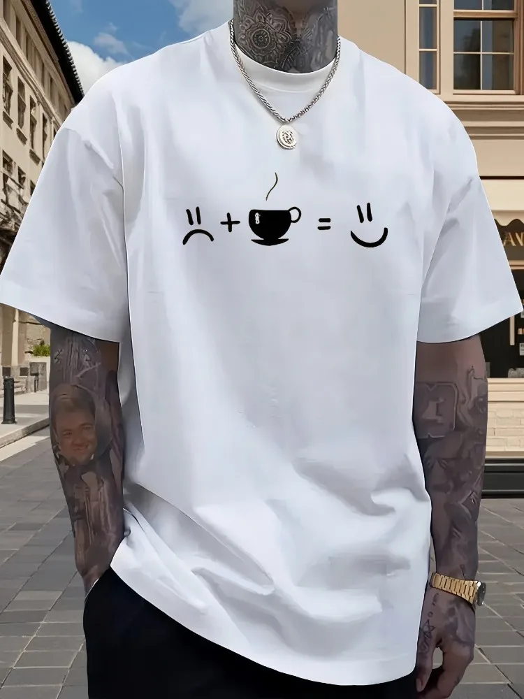 T-shirt en coton à manches courtes et col ras du cou pour homme, motif graphique visage souriant café, style minimaliste, léger, décontracté, streetwear, idéal pour l'été