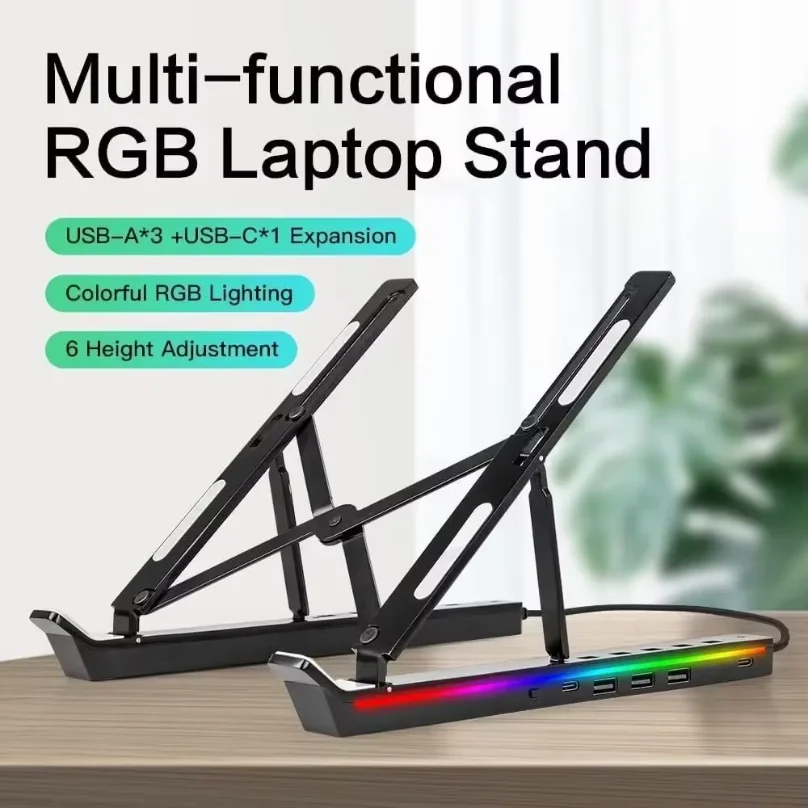 Foldable Laptop Stand 4IN1 USB RGB Stand Portable Notebook Bracket Support Base Aluminum Alloy Holder For Macbook PC Accessories