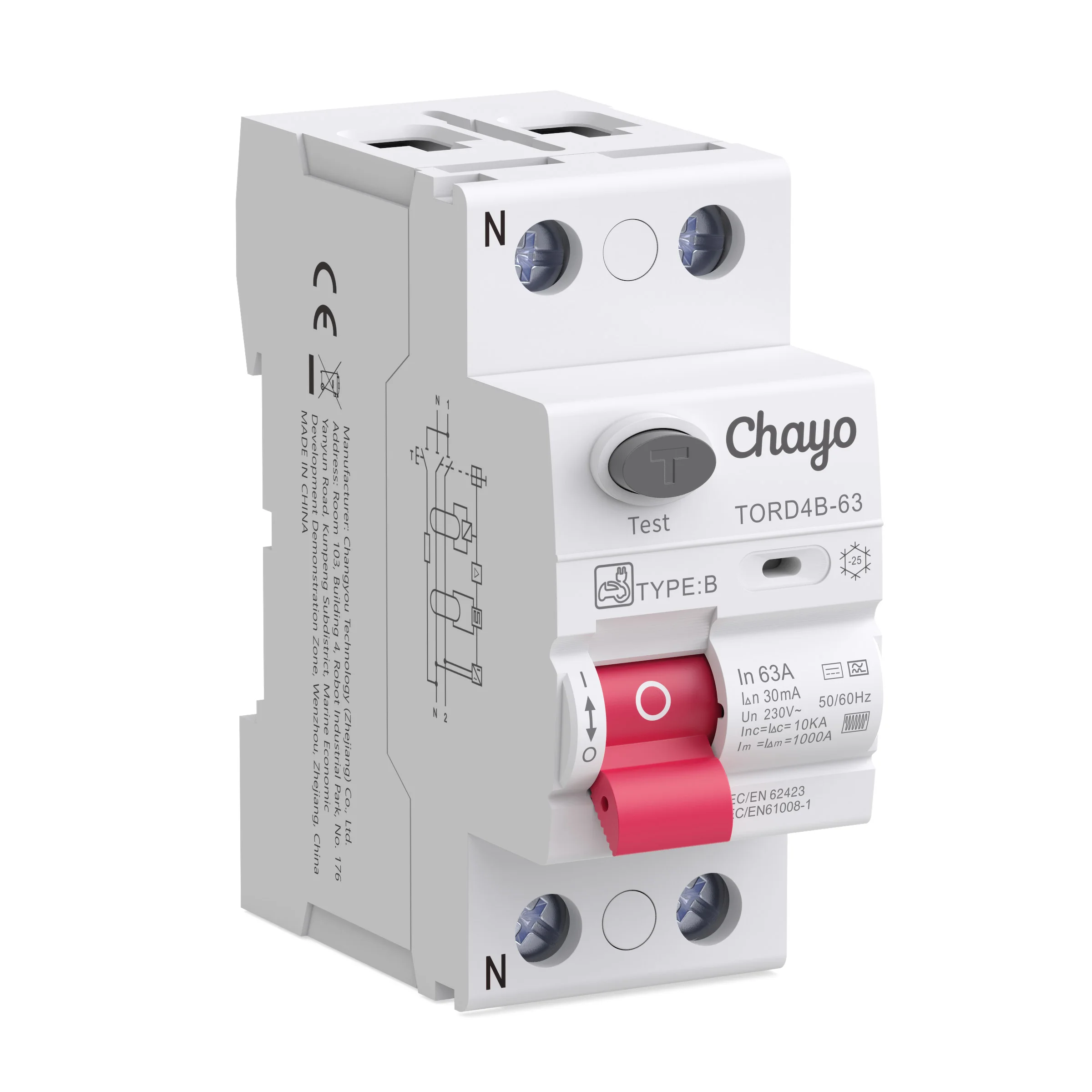 Chayo Type B RCCB RCD 10kA Breaking Capacity,2P 30/100/300mA Earth Leakage Modular Residual Current Circuit Breaker
