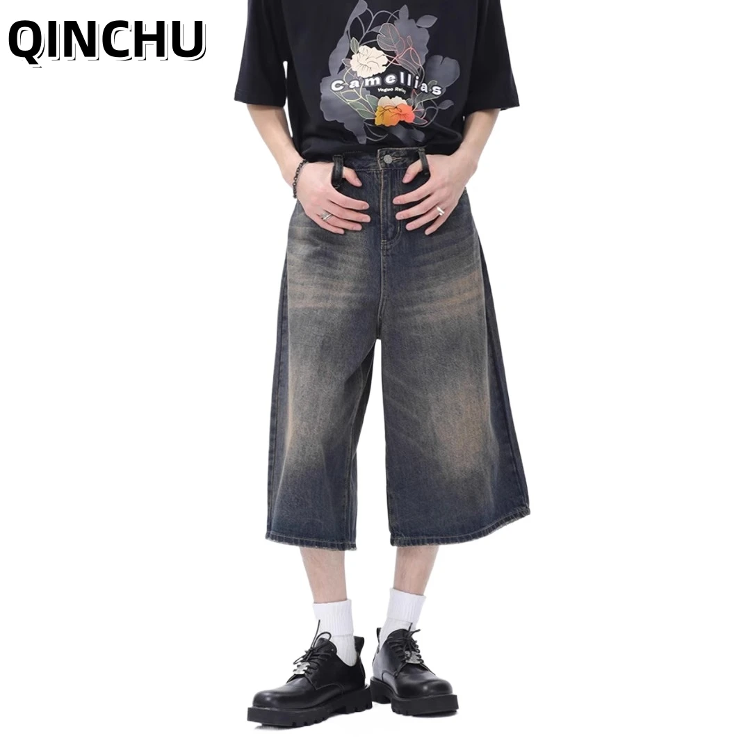 QINCHU American Retro Loose Seven-point Denim Shorts Men's High Street Design Cotton Wide-leg Trousers Jeans