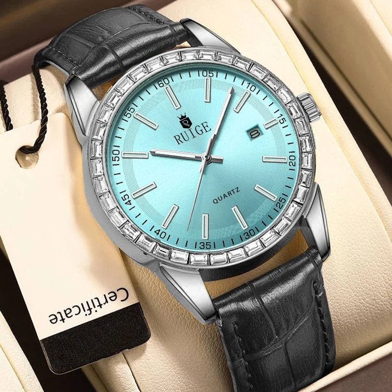 

RUIGE New Blue Quartz Watch Night Glow Waterproof Trendy Watch Leather Authentic Fashion Men's Watch