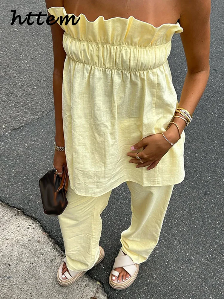 

Ruffles Tube Tops Pants Sets Women Solid Strpless Backless Top Wide Leg Trousers 2025 Summer Lady Casual Vacation Outfits