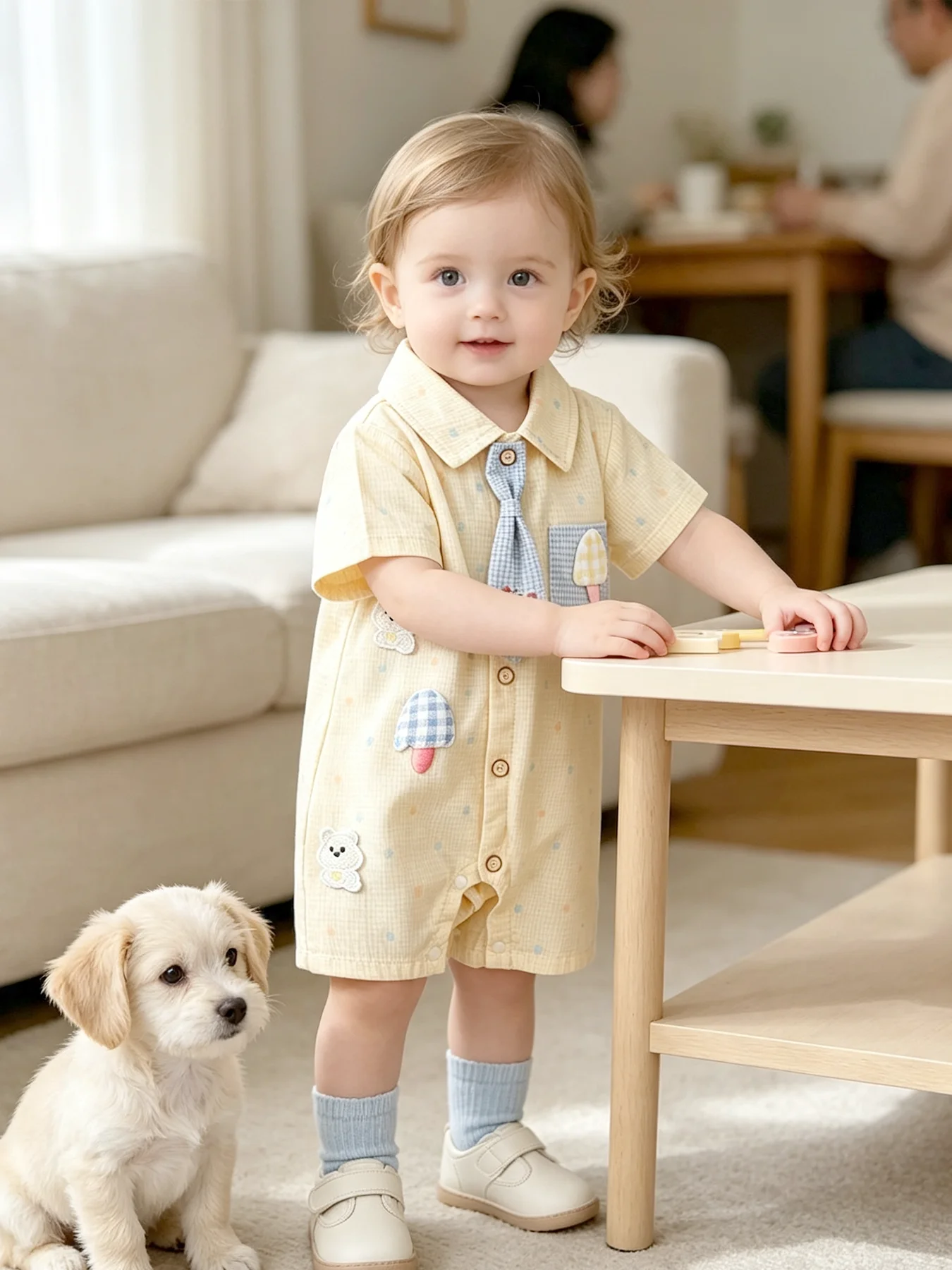 Niedliches, verziertes Einteiler-Kleid für Babymädchen, Frühling/Sommer, mit Kragen und Druckknöpfen, 0–12 Monate, für alltägliche Ausflüge – Detail 3