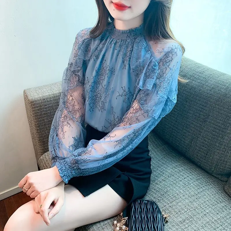 

Lace Women's Shirt and Blouse Korean Popular Clothes Basic Promotion Pretty New Collection 2025 Tall Vintage Mesh Female Tops