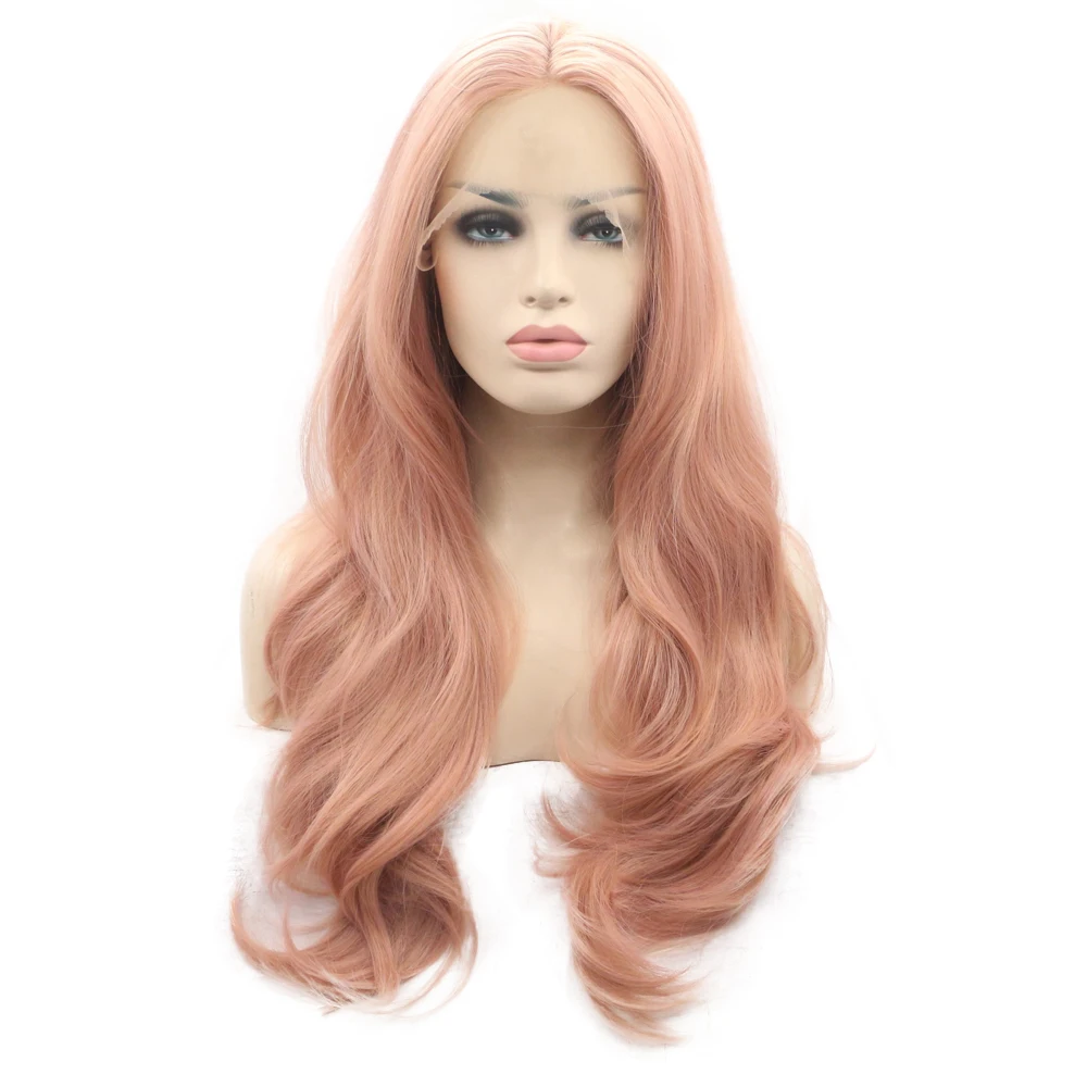Sylvia Pink Lace Front Wigs for Women Long Wavy Rose Gold Pink Wigs Wonder Girl Peach Pink Syntehtic Hair Wigs 24inches image 3
