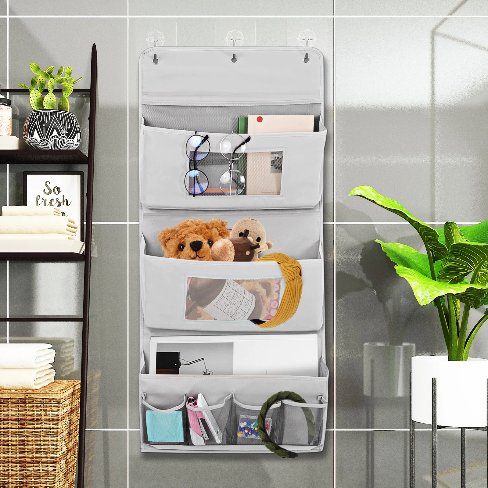 

Cosmetics Storage Hanging Bag Gray Fabric Multi layer Door Hanger ganizer With Pockets Wall Closet Space Saving