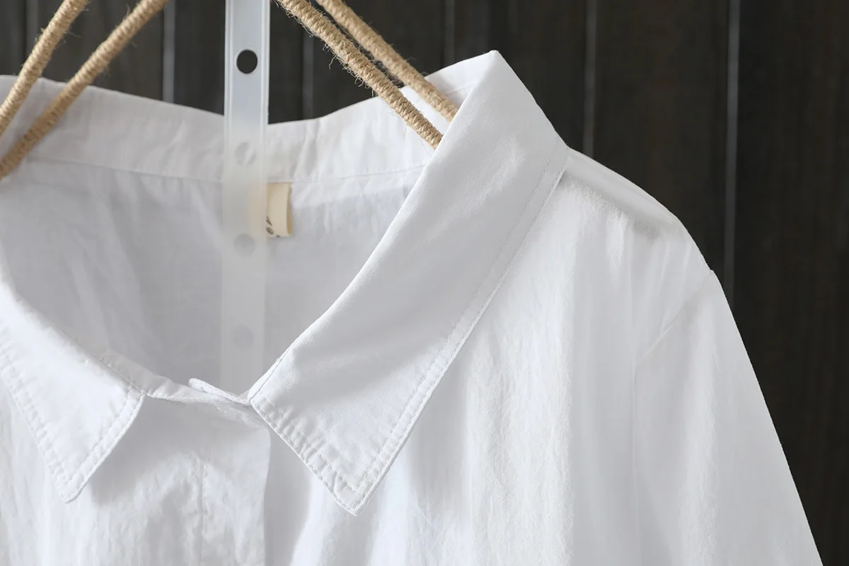 New Spring Cotton Solid Shirt Women Lapel Short Sleeve Folds Literature Tops Girl Versatile Doll Blouses 2024 Autumn T43977QC