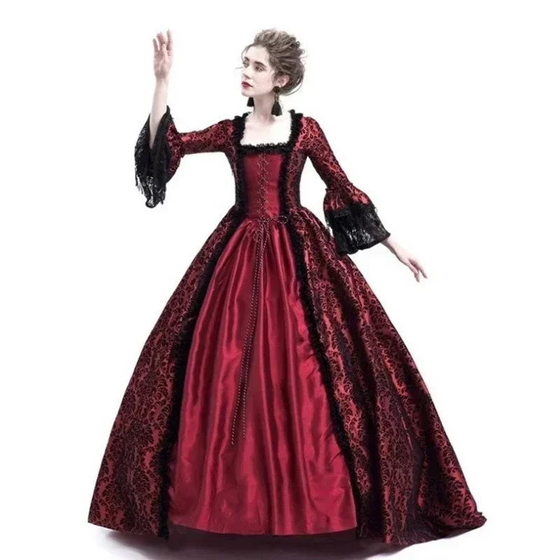 Women's Vintage Long Sleeve Dress Medieval Victorian Court Lace Patchwork Gothic Dress Halloween Witch Cosplay Party Costume