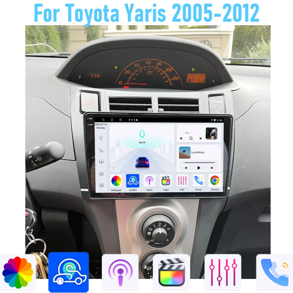 

9'' For Toyota Yaris 2005-2012 Car Radio Head Unit GPS Multimedia Carplay Android 15 Wireless Navigation Intelligent System BT