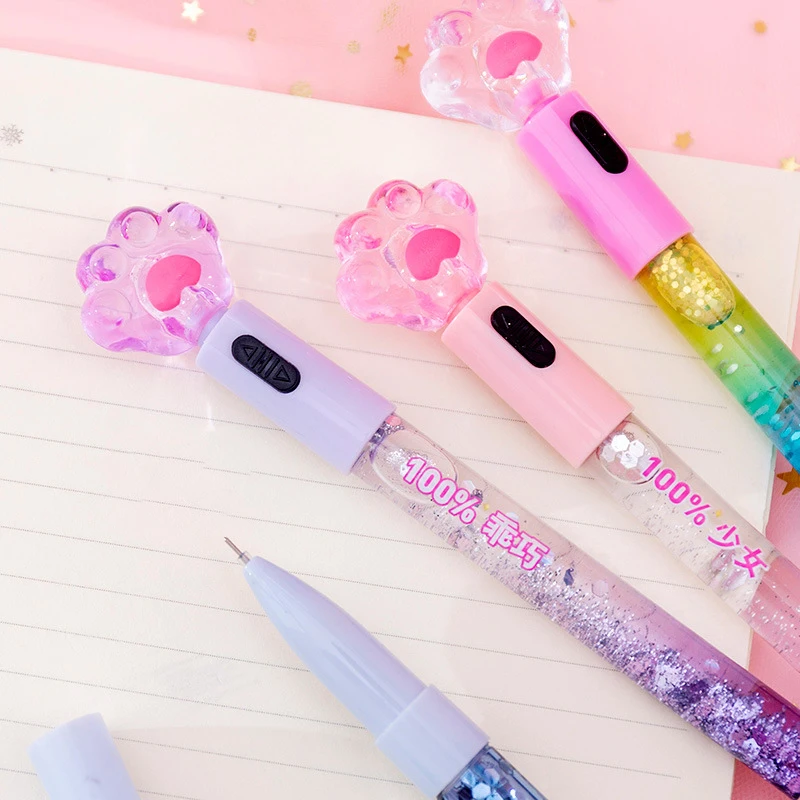 1 Pcs Cute Cat Claw Glowing Gel Pen Quicksand LED Light Pen Creative Stationery Student Signature Pens for Kids Girls Gift