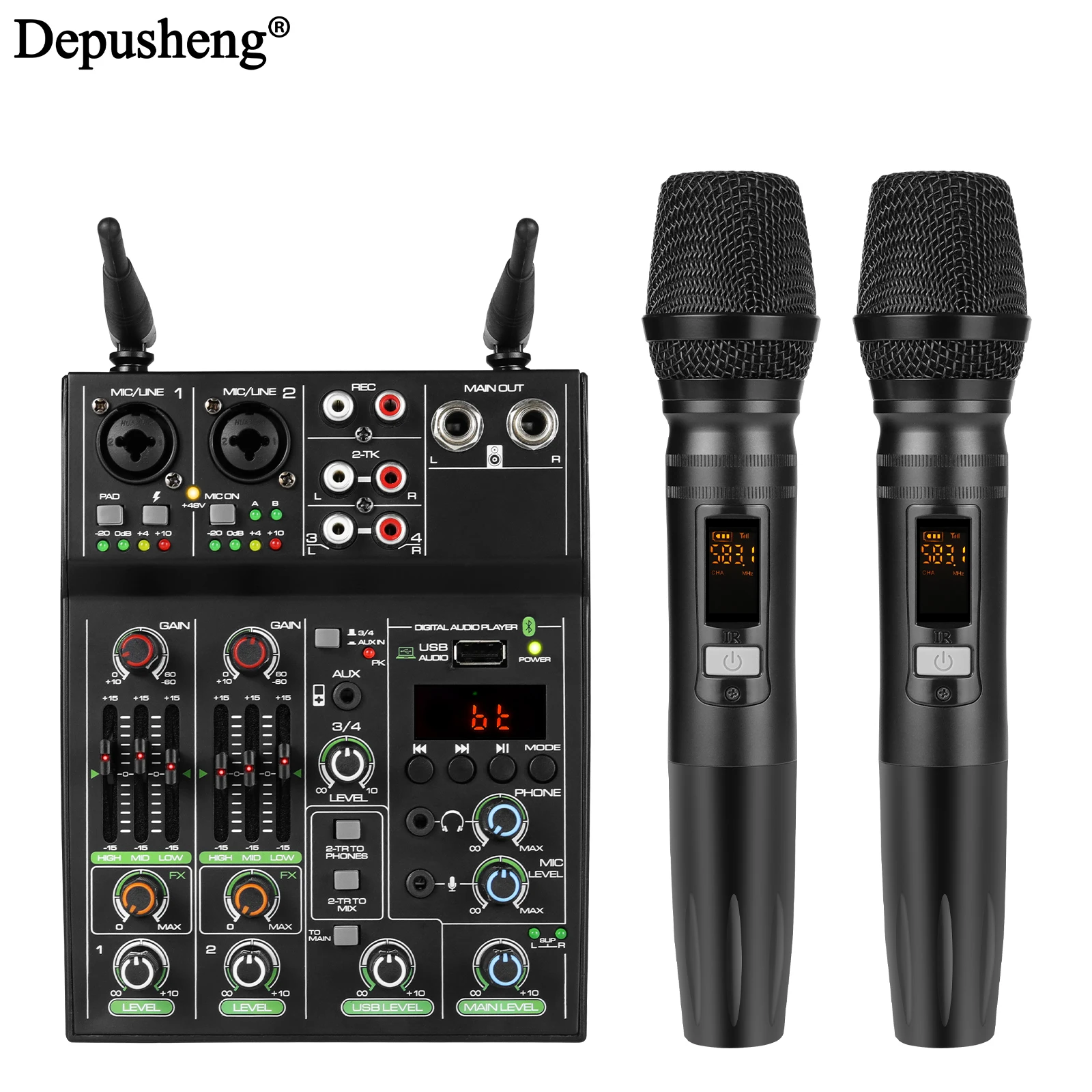 Audio Mixer 4 Channel High Power Amplifier Sound Mixing with Microphone Depusheng UF4-M Digital Board Console for Karaoke Stage