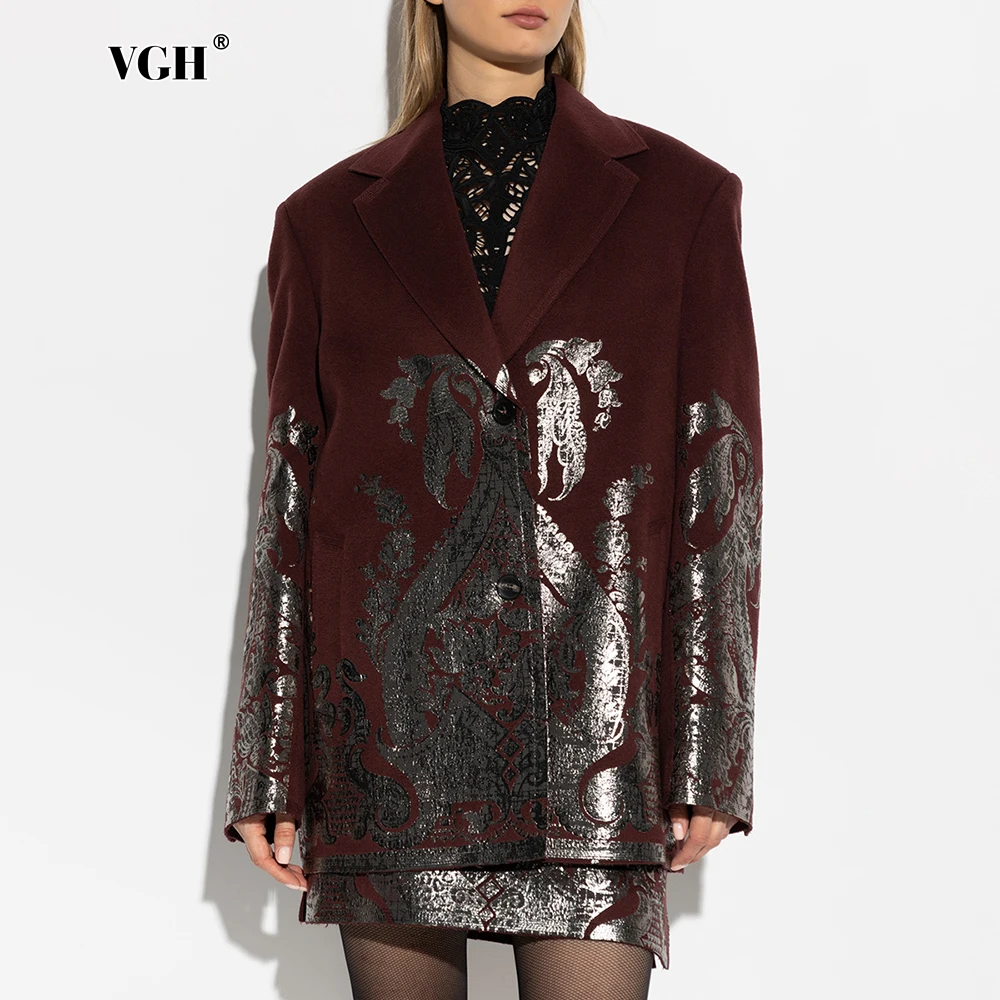 VGH Spliced Fashion Printing Blazers for Women Notched Collar Long Sleeve Patchwork Single Breasted Coats Female Temperament New