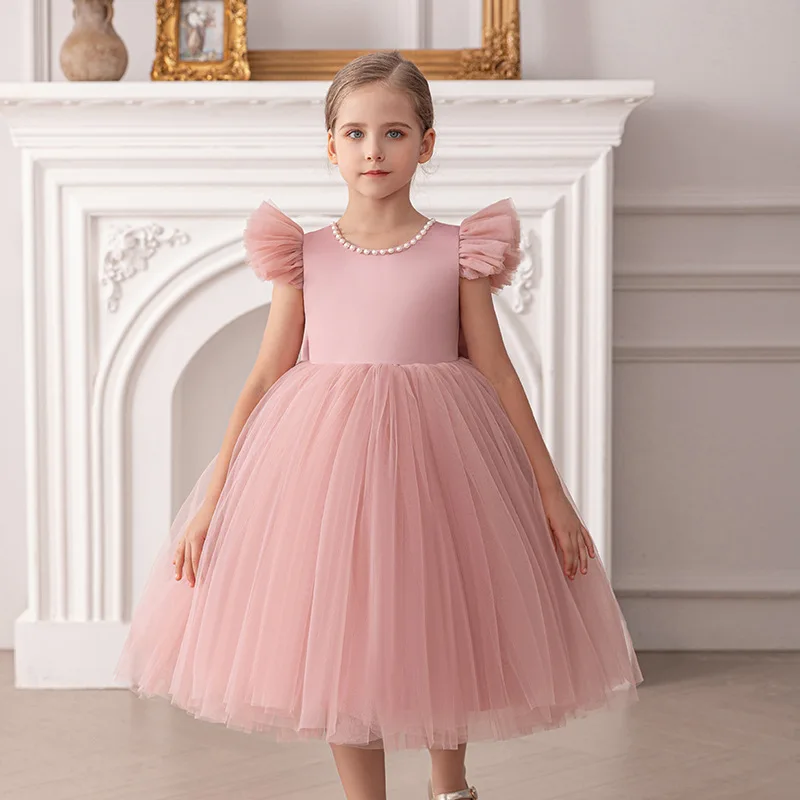 Girls' Flutter Sleeve Princess Dress – Back Heart Cut-Out with Bow, Elegant Party & Recital Gown for Birthdays Flower Girl