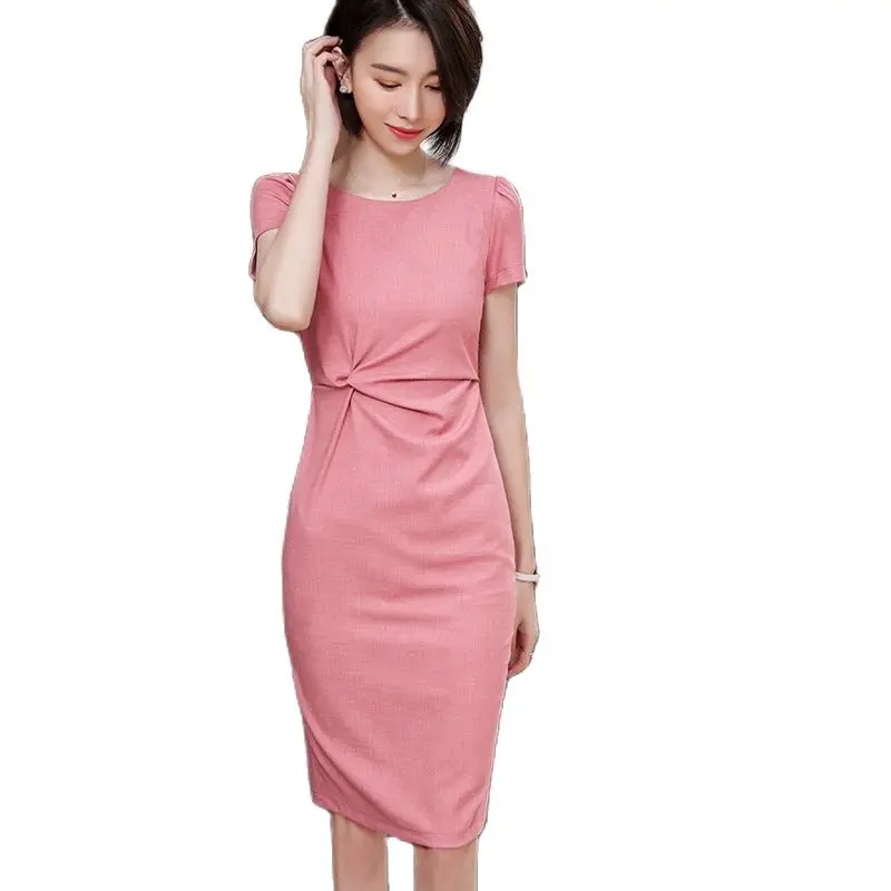 

Novelty Pink Slim Hips Summer Short Sleeve Dresses for Office Ladies Business Work Wear Dress Female Vestidos Elegant