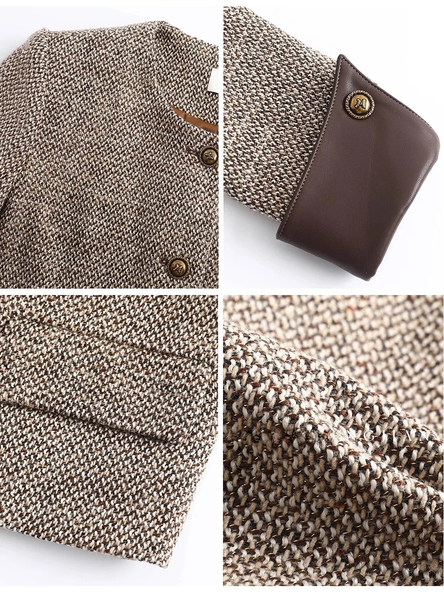 

Ele Women's Leather Umbrella Skirt Set with Tweed Patchwork High Waist Polyester Fiber Office Wear Long Sve round Ne