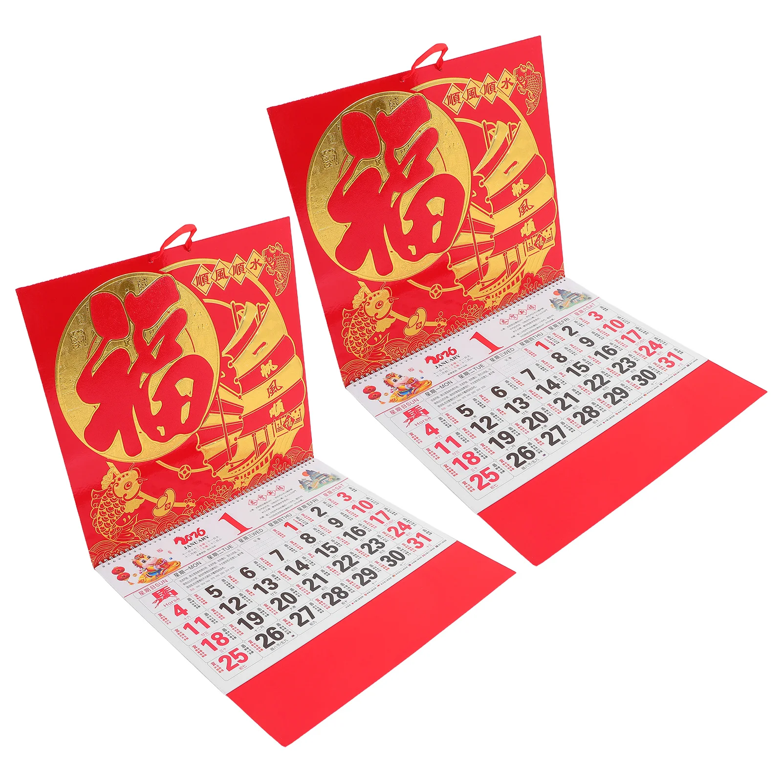 

2Pcs 2026 Year of Horse Chinese Hanging Calendars Gold Foil Lunar Dates Traditional Feng Shui Wall Art Home Office Decor