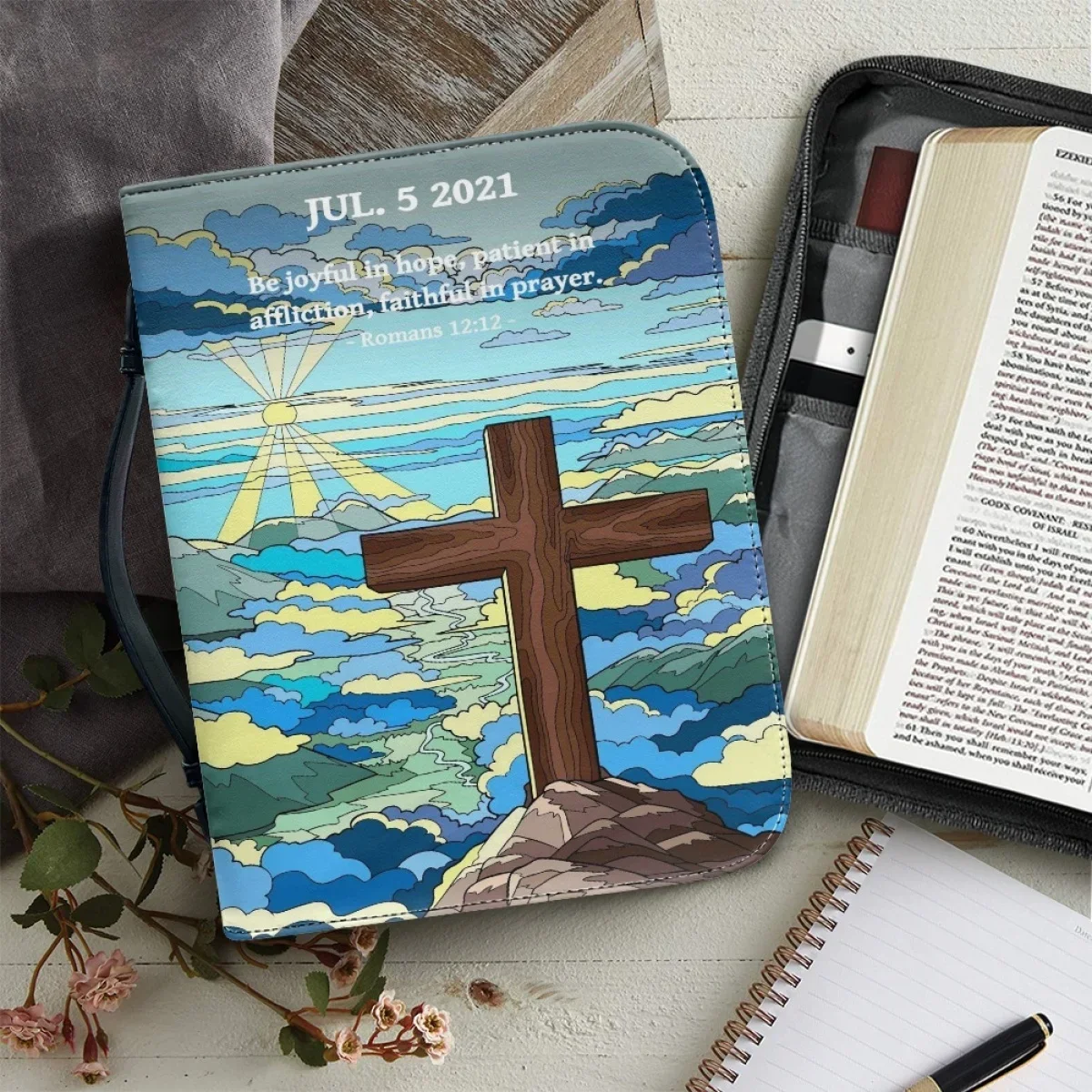 PU Leather Handbags for Women's Artistic Christian Cross Print Bible Cover Case Portable Study Book Holy Storage Boxes Custom