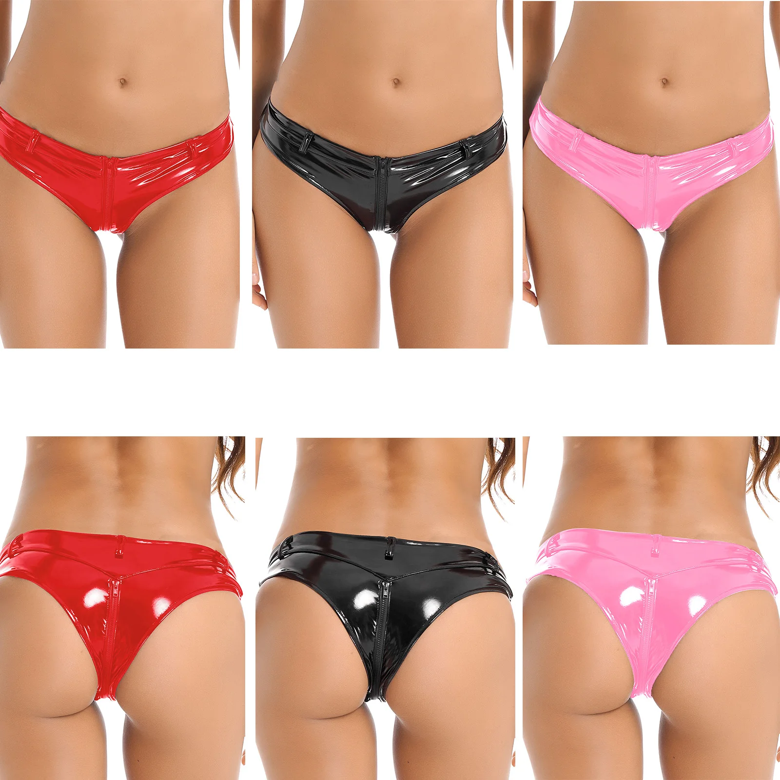 Women Wetlook Bikini Briefs Zipper Crotch Booty Hot Pants Patent Leather Latex Underwear Panties Low Waist Sexy Thongs Clubwear