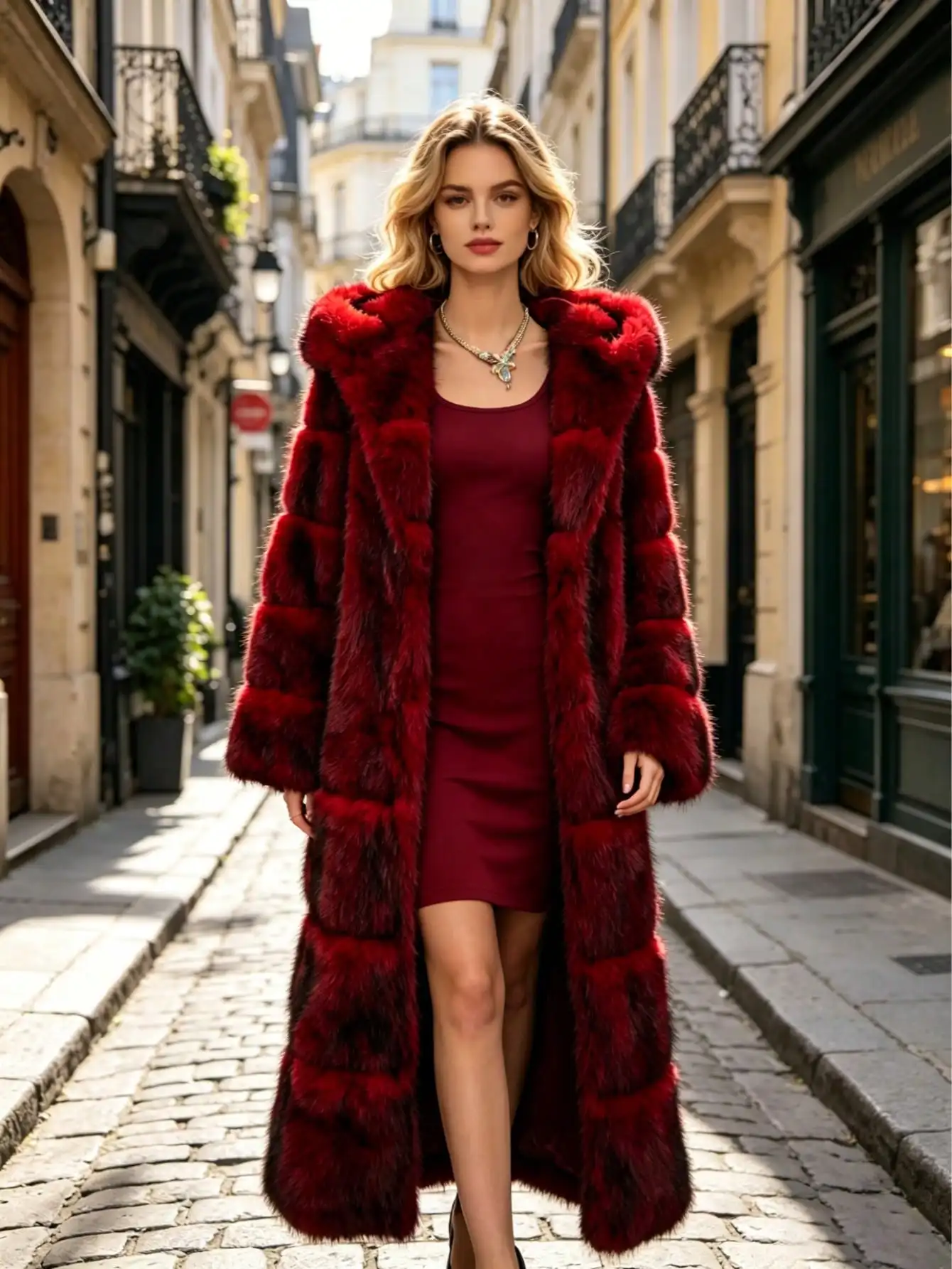 Women's Red Faux Fur Hooded Coat 2026 Winter Long Length Fluffy Warm Luxury Jacket for Daily Party Streetwear