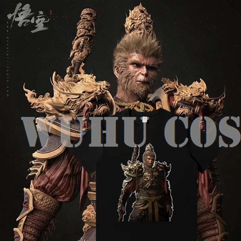 Wukong camiseta cosplay masculina, preto do jogo, camiseta impressão mito, fantasia cosplay, roupas fãs, festa de Halloween, RPG