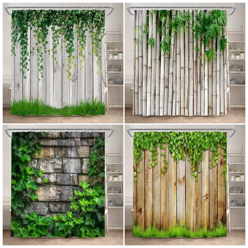 Green Leaves Shower Curtain Vine Plants Leaf Rustic Stone Wall Bamboo Barn Board Polyester Fabric Home Bathroom Curtains Decor