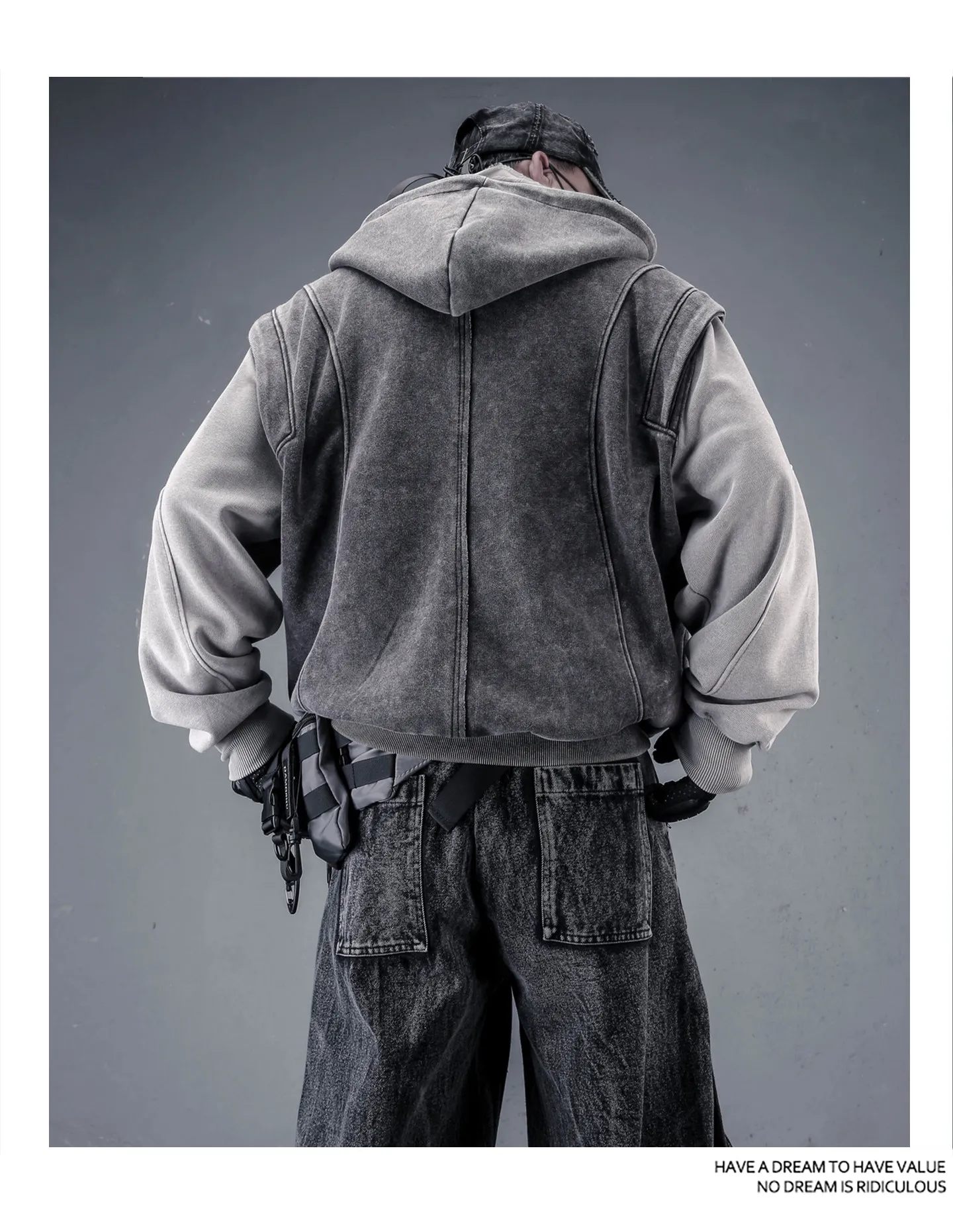 Washed Distressed Fake Two Piece Patchwork Punk Vintage Hoodies Man Techwear Gothic Zip Up Hoodie Street Wear