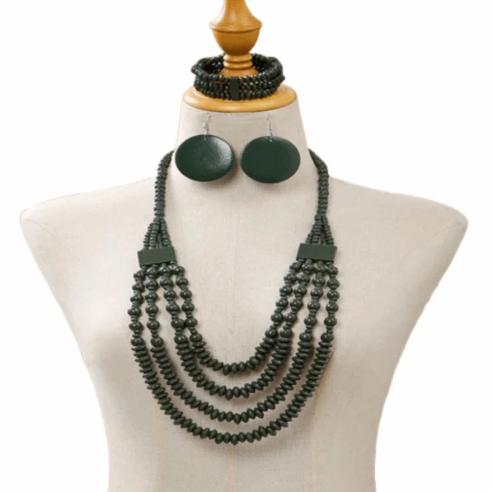 

Ethnic Style Vintage Boho Bib Beads Colorful Geometric Round Bohemia Necklace Set Earrings Multi Layer Geometric Beaded Necklace