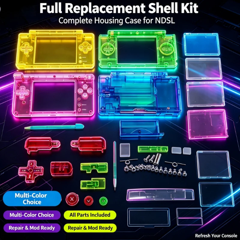 Transparentes Konsolengehäuse für Nintendo NDS Lite NDSL, komplettes Ersatzgehäuse, Reparaturset inklusive Knöpfen und Schrauben