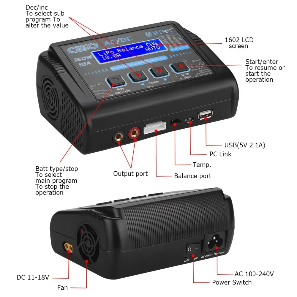 HTRC C150 RC AC/DC Charger 150W 10A for Lihv Lihv Life Lilon NiCd NiMH PB Balance Charger Batteri Smart Battery