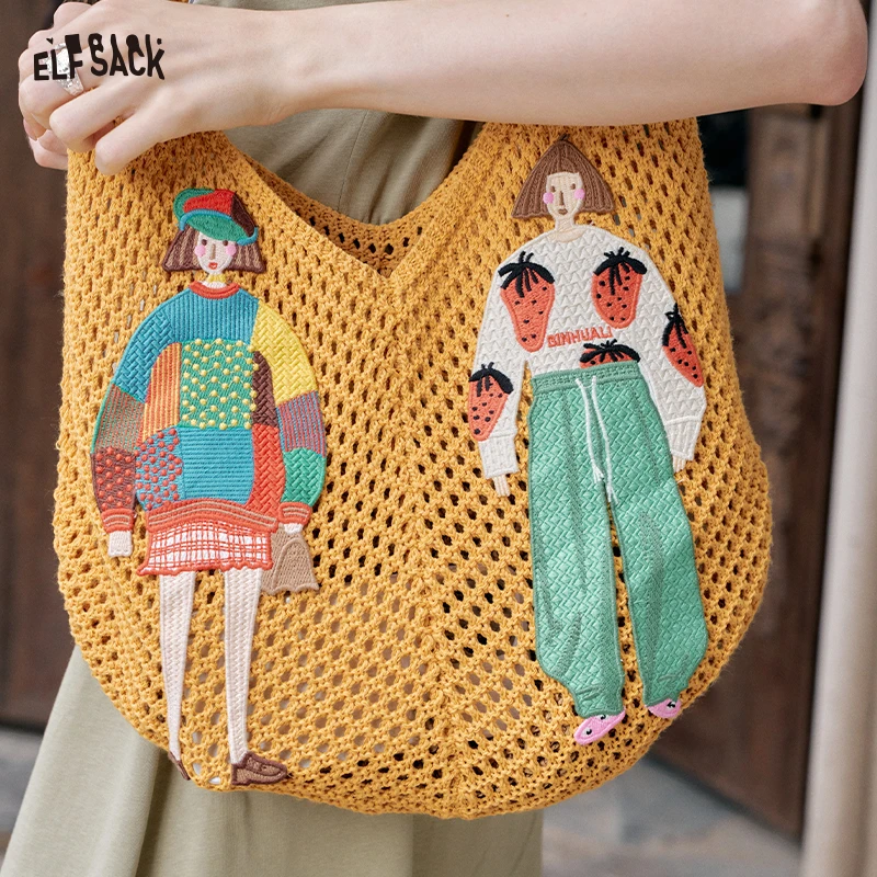 

ELFSACK 2025 Summer New Arrival Vacation style Large Capacity Woven Bag Versatile Leisure Shoulder Bag For Woman