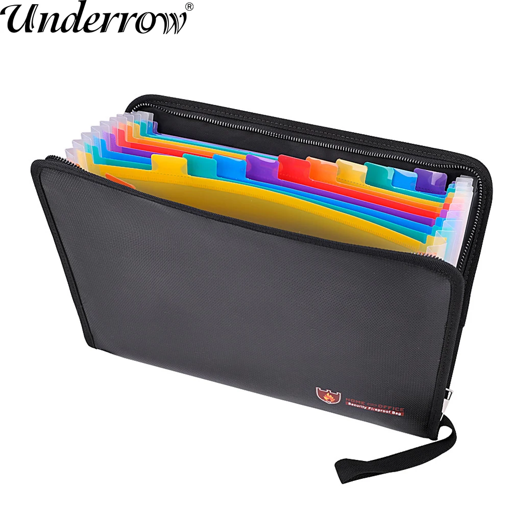 

Portable Fireproof Water Resistant Document Bag Large Capacity Money File Folder Safe Bag with A4 Size 12 Pockets Zipper Closure