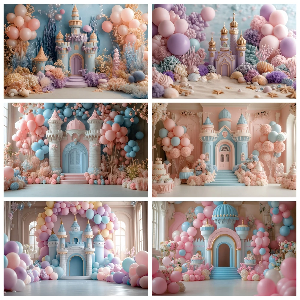 Colorful Balloon Flower Castle Princess Girl Birthday Party Decor Backdrop Fairy Tale Castle Photography Background Photo Studio